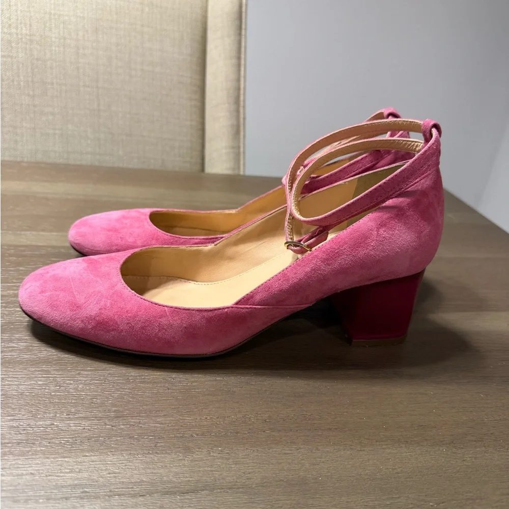 Pink Suede Ankle-Strap Block Heel Pumps
